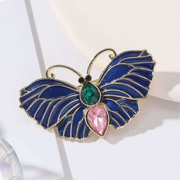 Small Dainty Blue Butterfly Brooch with Green & Pink Rhinestones Whimsical - Picture 2 of 11